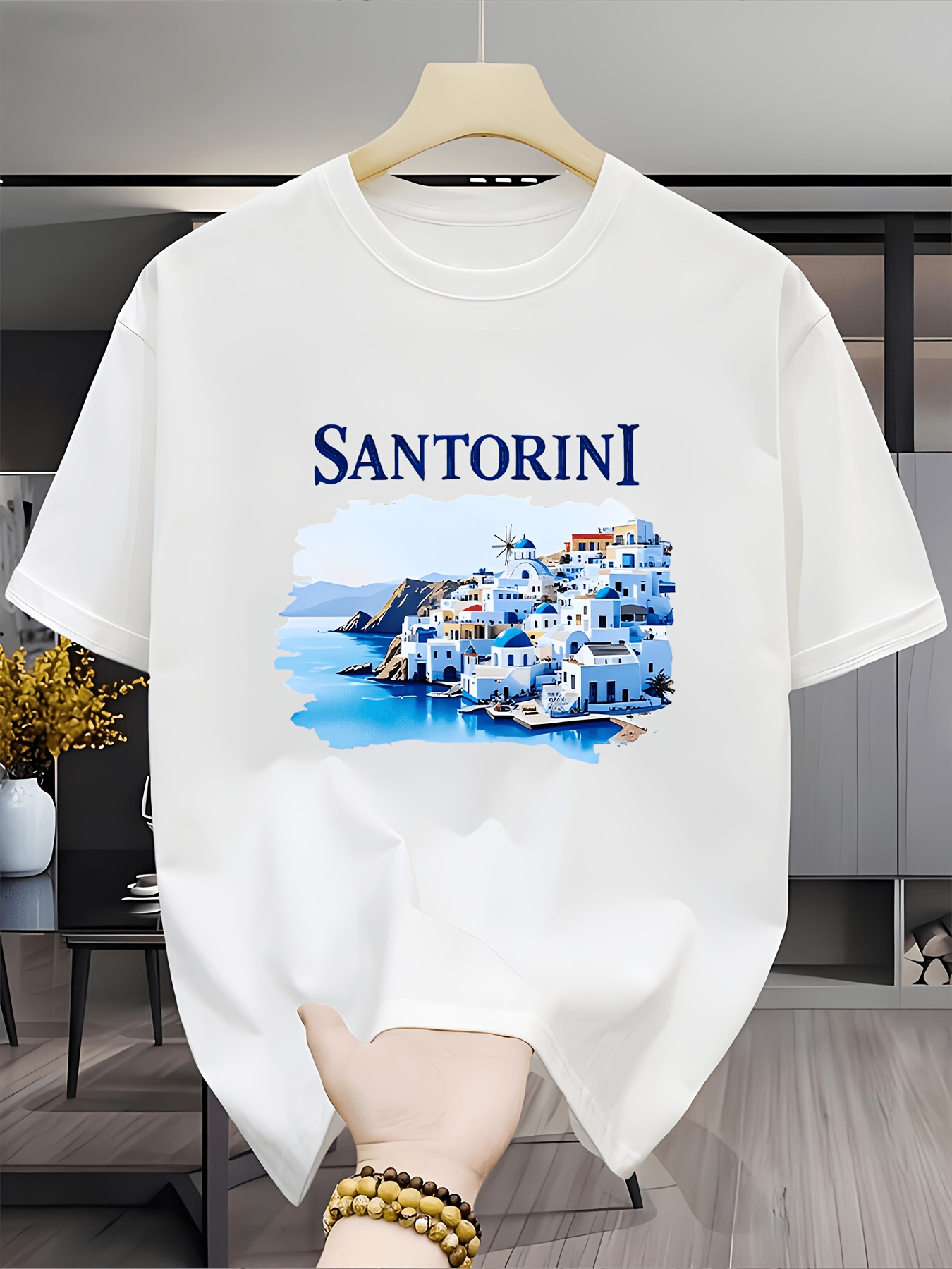Men'S Fashion Greece - T-shirt vintage avec paysage de Santorin,